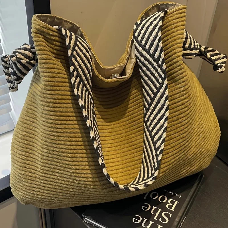 Amblot Yellow Corduroy handbag with wide shoulder strap