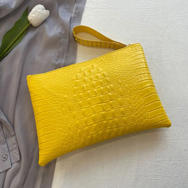Amblot Yellow Crocodile texture leather clutch bag