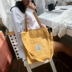 Amblot Yellow Large capacity corduroy zipped tote bag with external pocket